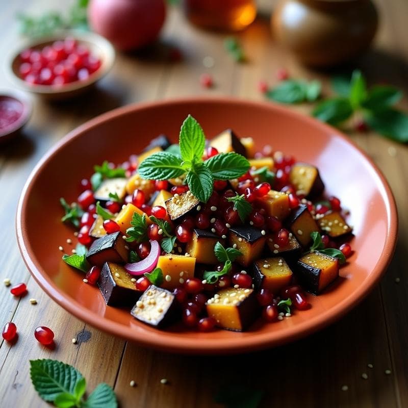 Ensalada moruna de Berenjena y Granada con Vinagreta de Comino: Receta Árabe en 15 Minutos