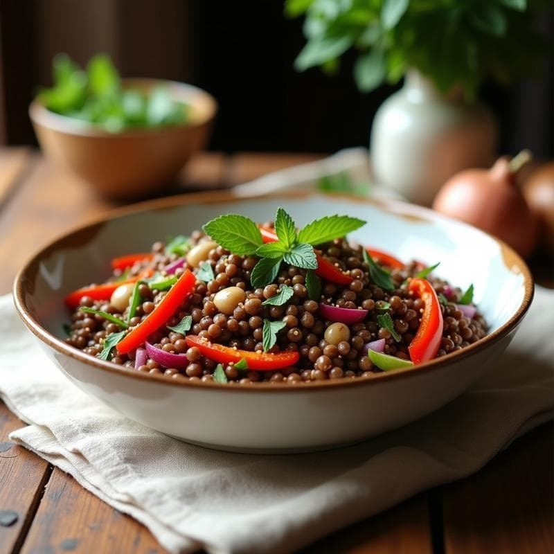 Ensalada Moruna de Lentejas con Vinagreta de Dátiles: Receta Española Vegana y Energética