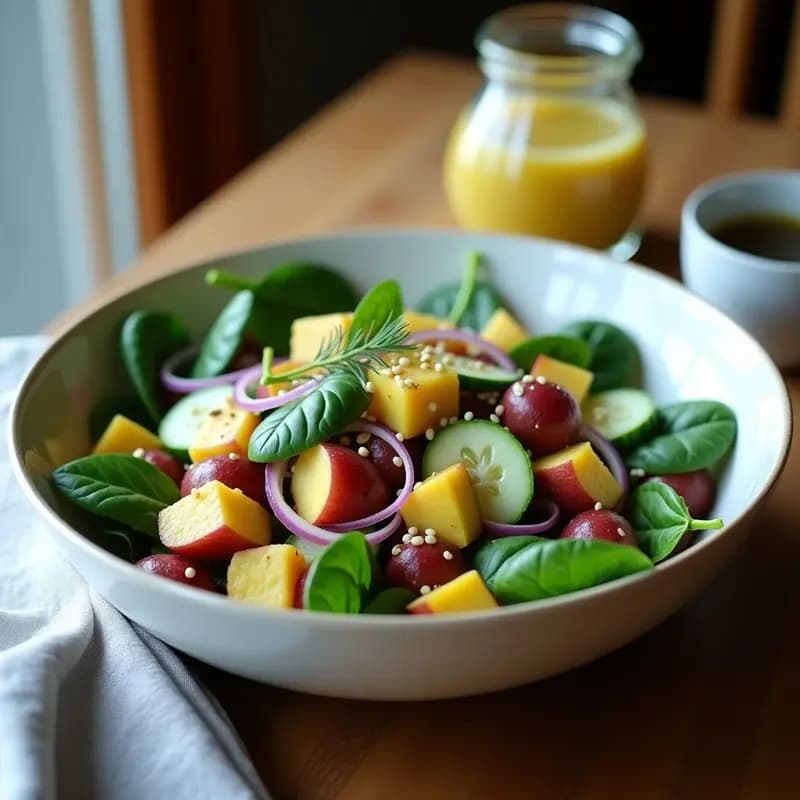 Ensalada de Papa y Espinaca con Aderezo de Mostaza: Receta Alemana Vegana