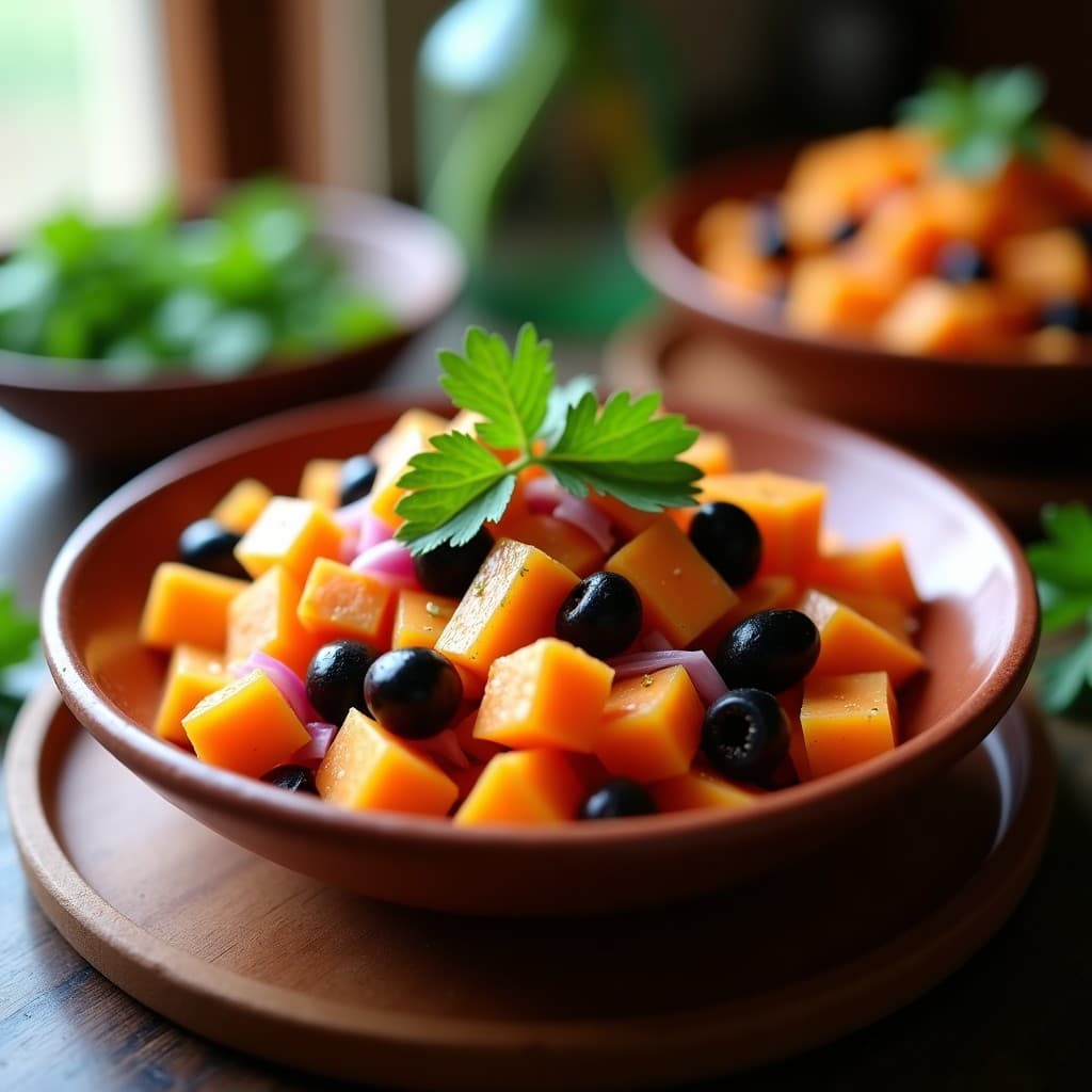 Ensalada de Papaya y Aceitunas Negras con Vinagreta de Comino: Receta Marroquí Crudivegana