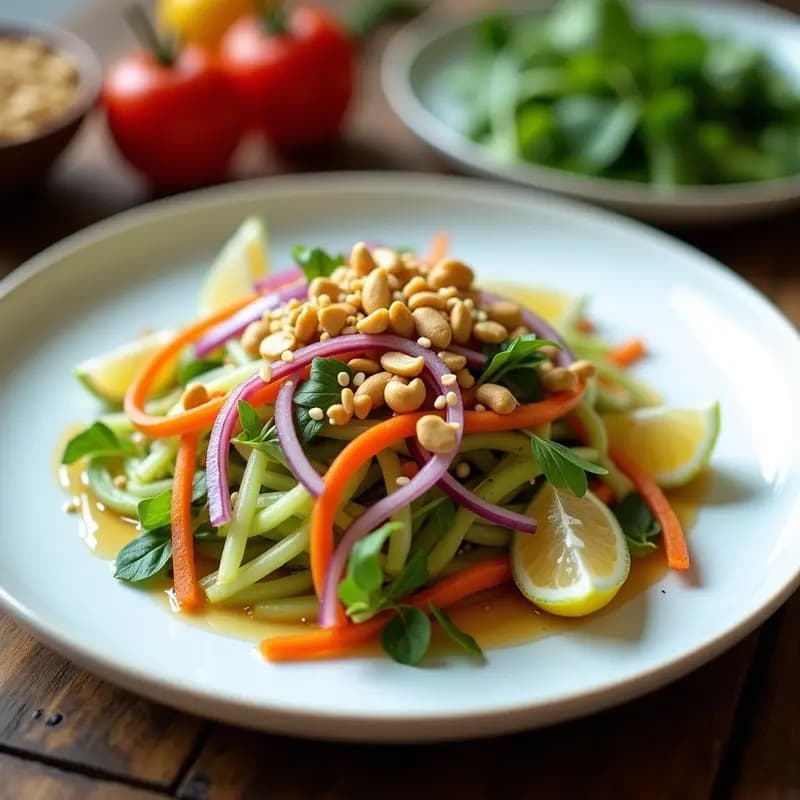 Ensalada de Papaya Verde y Hojas de Mentira con Vinagreta de Limón y Miel: Plata Tailandés Crujiente