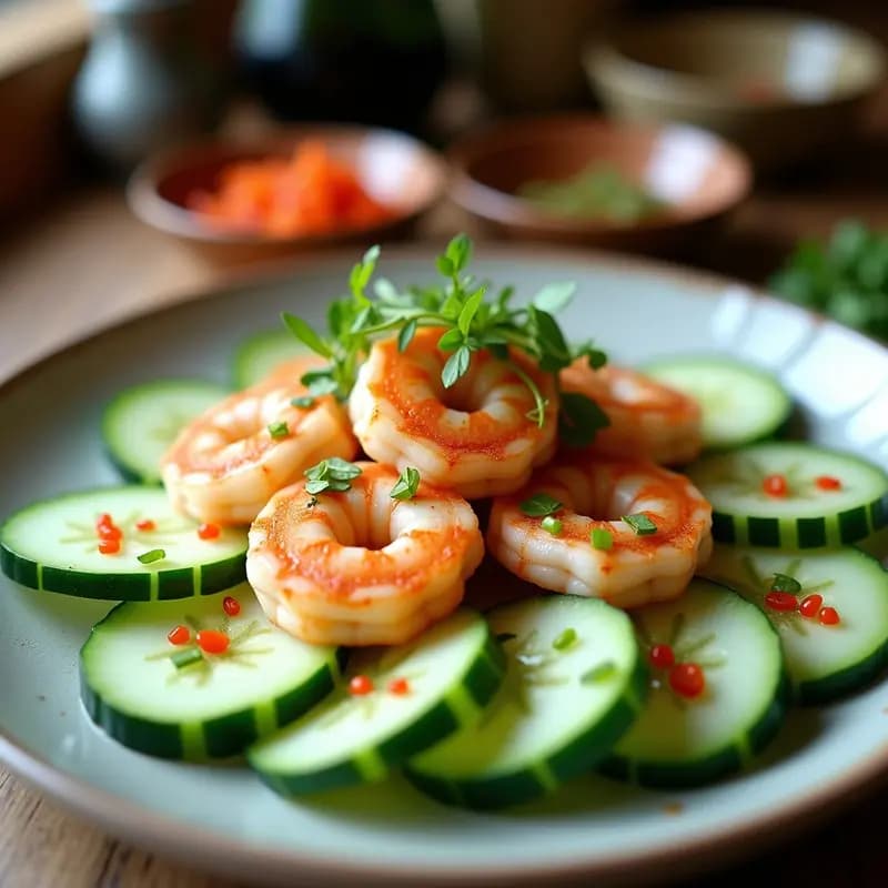 Ensalada de Pepino Melón y Langostinos con Vinagreta de Wasabi: Receta Japonesa Refrescante