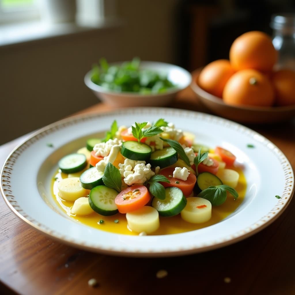 Ensalada de Pepino Melón y Queso de Anacardos con Vinagreta de Azafrán
