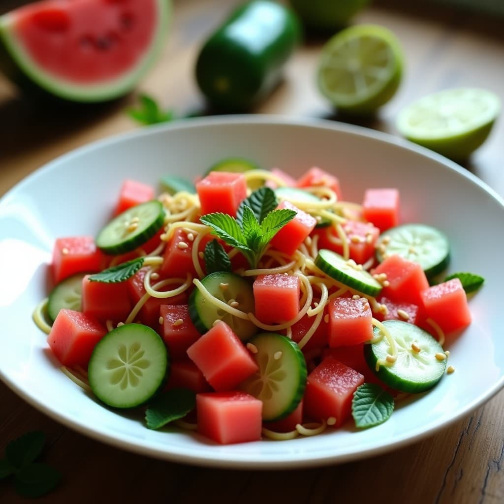 Ensalada de Pepino y Sandía con Vinagreta de Limón y Hierbabuena: Receta Iraní Refrescante