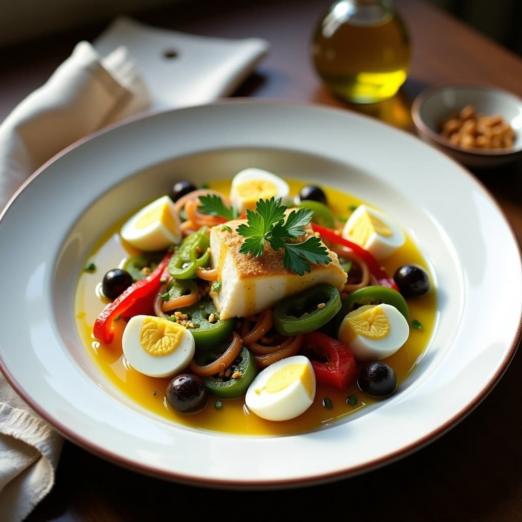 Ensalada de Piparras, Bacalao y Aceitunas con Vinagreta de Azafrán: Receta Española Tradicional