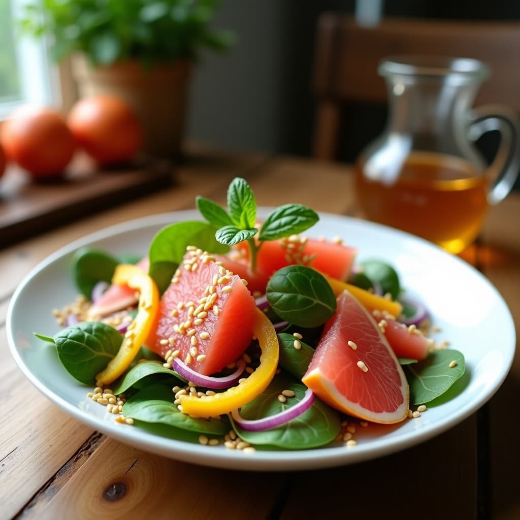 Ensalada de Pomelo Rosa y Semillas de Lino Dorado: Receta Detox con Vinagreta de Miel de Dátil