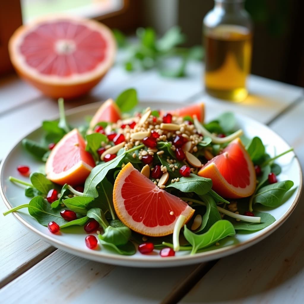 Ensalada de Pomelo Rosa y Rúcula: Receta Israelí con Vinagreta de Granada y Aceite de Zaatar