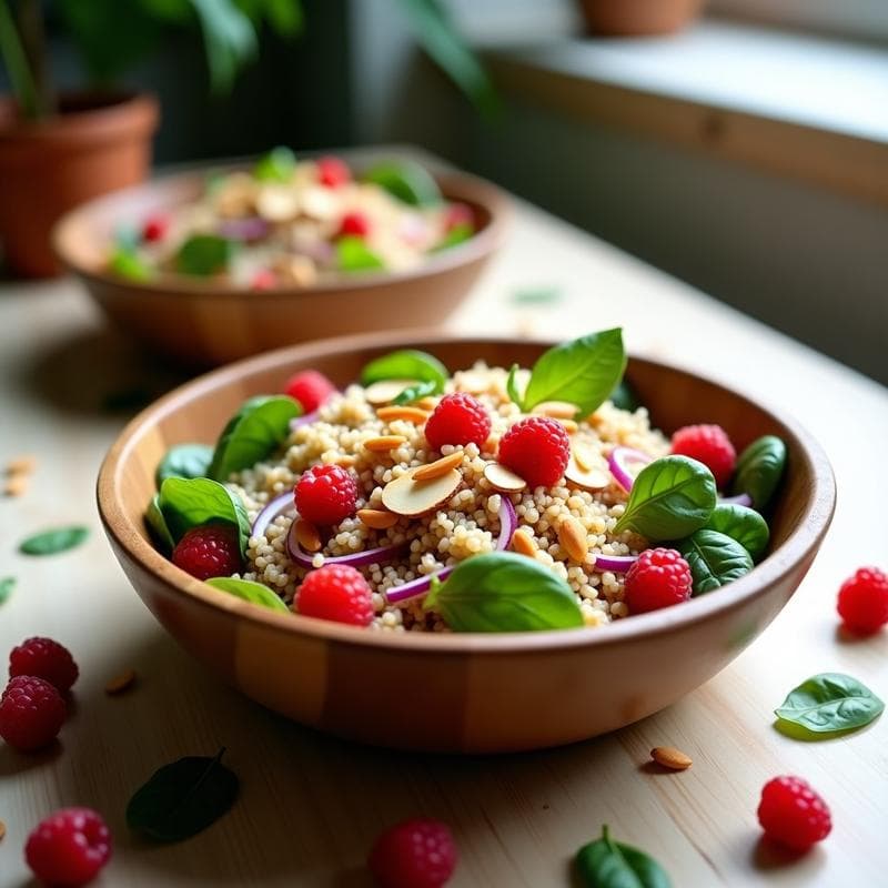 Ensalada de Quinoa con Espinacas y Fresas: Receta Fresca con Toque de Vinagreta de Frambuesa y Albahaca