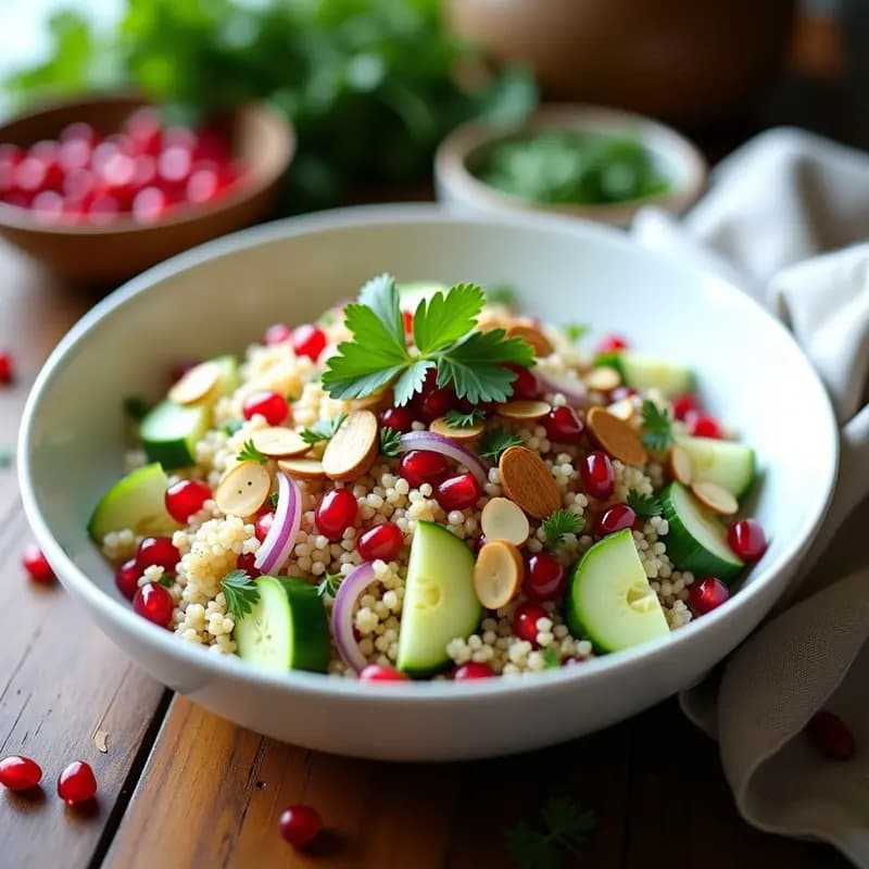 Ensalada de Quinoa y Granados con Aderezo de Limón y Cilantro: Receta Persa Sin Cocinar