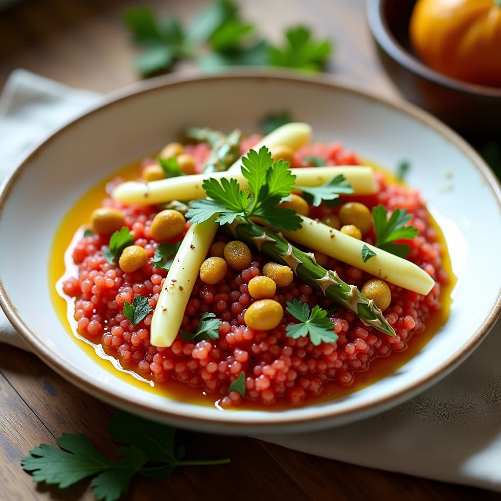 Ensalada de Quinoa Roja con Espárragos Blancos y Vinagreta de Azafrán: Receta Iraní Vegana