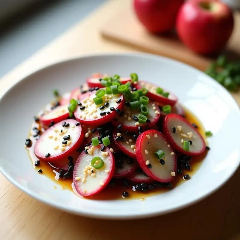 Ensalada de Rábanos Negros y Manzana Fuji: Receta Coreana Crudivegana con Aderezo de Sésamo