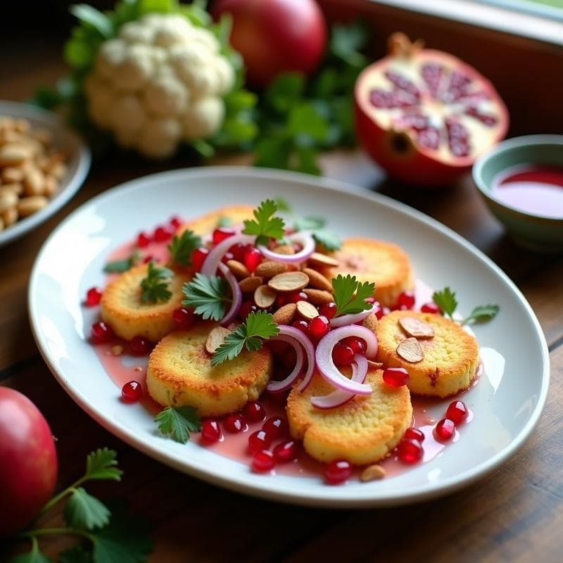 Ensalada de Rostis de Coliflor y Granos de Granada con Aliño de Vinagre de Frambuesa: Receta Iraní Sin Gluten