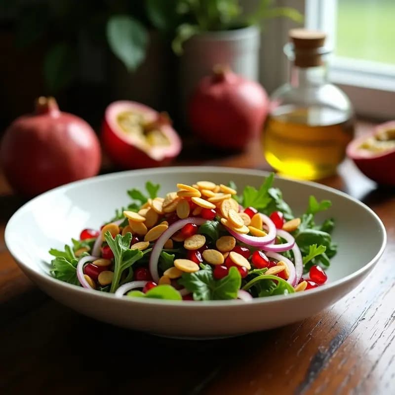 Ensalada de Rúcula y Granados con Vinagreta de Granadilla: Receta de Oriente Medio Crudivegana
