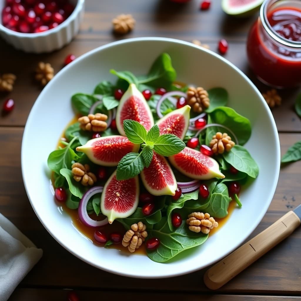 Ensalada de Rúcula, Higera y Nueces con Vinagreta de Granado: Receta Persa Gourmet