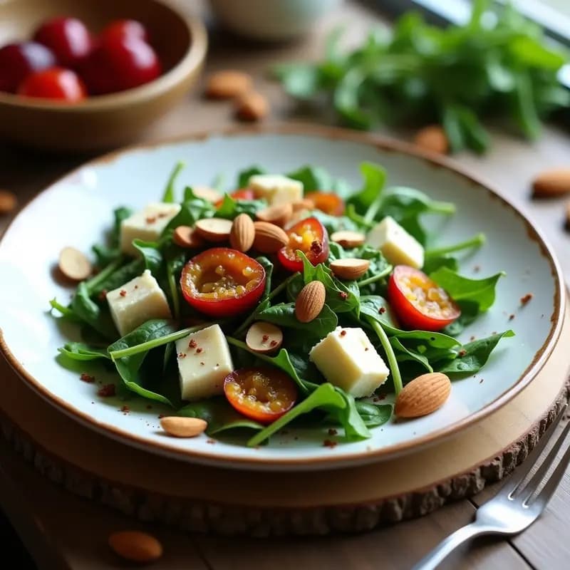 Ensalada de Rúcula, Ciruelas Pasas y Queso de Almendras con Vinagreta de Vinagre Balsámico: Receta Italiana Sin Lactosa
