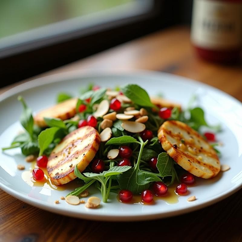 Ensalada de Rúcula, Granada y Queso Halloumi a la Plancha: Receta Mediterránea en 15 Minutos