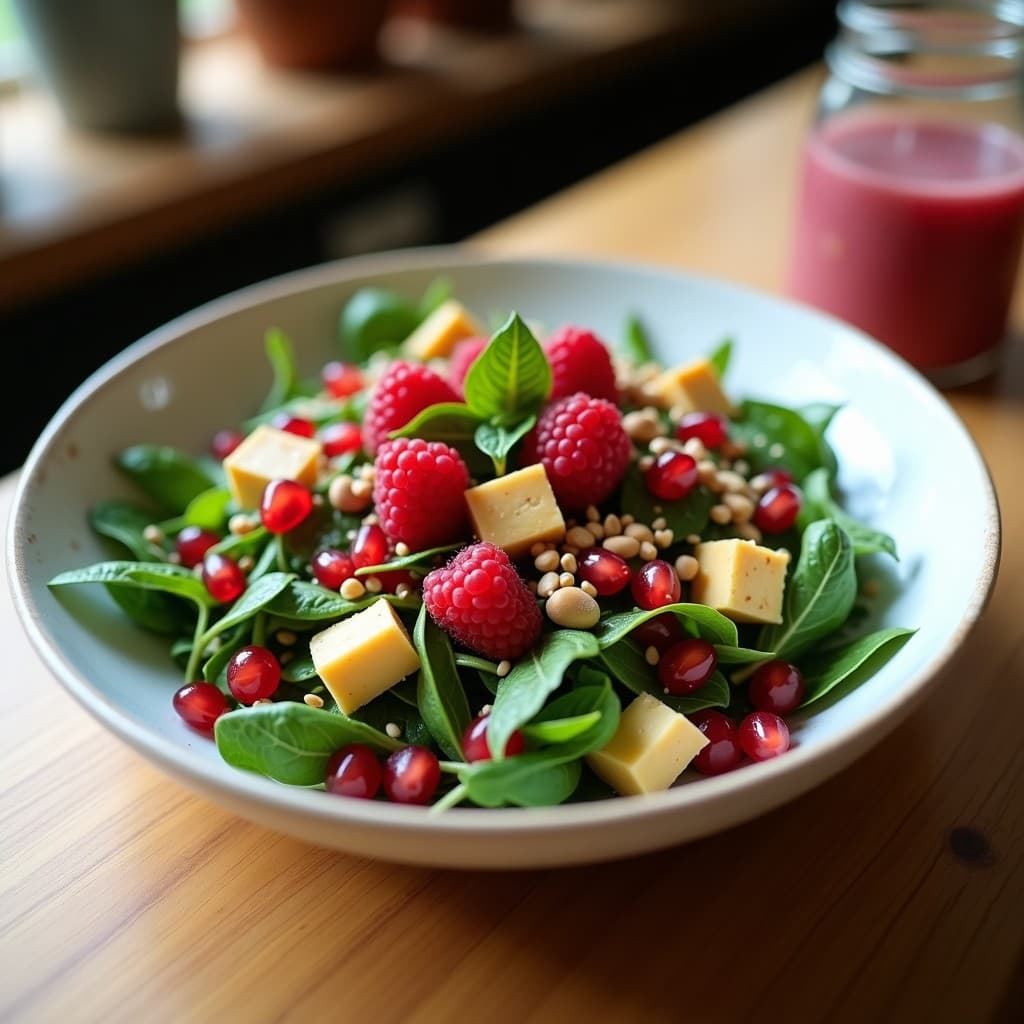 Ensalada de Rúcula, Granada y Queso de Cacahuete: Plato Vegano con Vinagreta de Frambuesa
