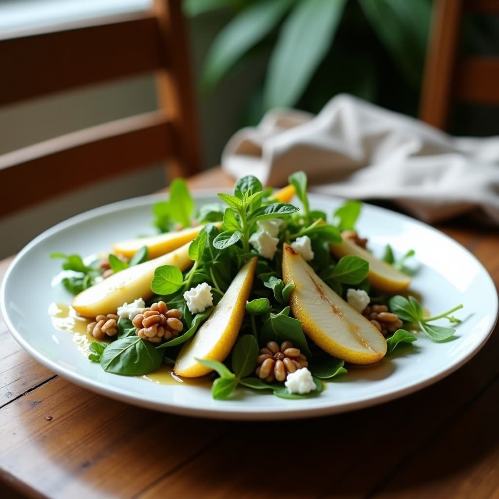 Ensalada de Rúcula, Peras y Queso Gorgonzola con Vinagreta de Nueces: Receta Italiana Baja en Calorías