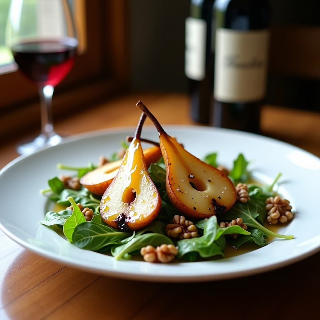 Ensalada de Rúcula, Peras al Vino y Queso de Cabra Azado: Receta Italiana Gourmet
