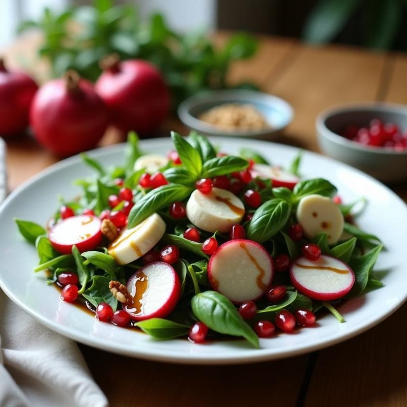 Ensalada de Rúcula, granada y Queso de Búfala con Vinagreta de Vinagre Balsámico: Receta Italiana Alta en Antioxidantes