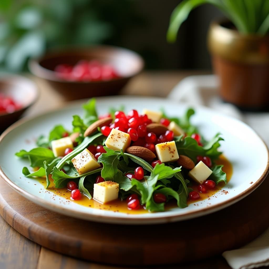 Ensalada de Rúcula, Granado y Queso de Búfala: Receta Libanesa con Vinagreta de Sumac