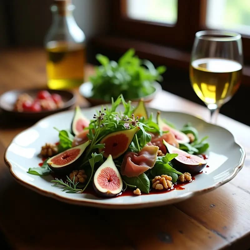 Ensalada de Rúcula, Higos y Prosciutto: Receta Italiana con Vinagreta de Mosto de Uva y Nueces
