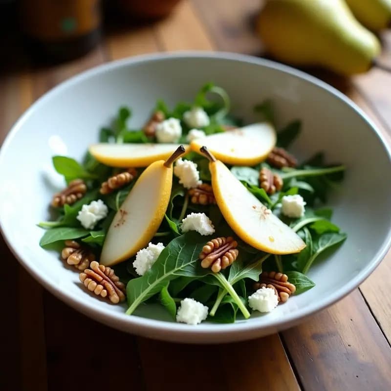 Ensalada de Rúcula, Peras y Queso de Blue Cheese con Vinagreta de Nueces: Receta de Invierno Alta en Fibra
