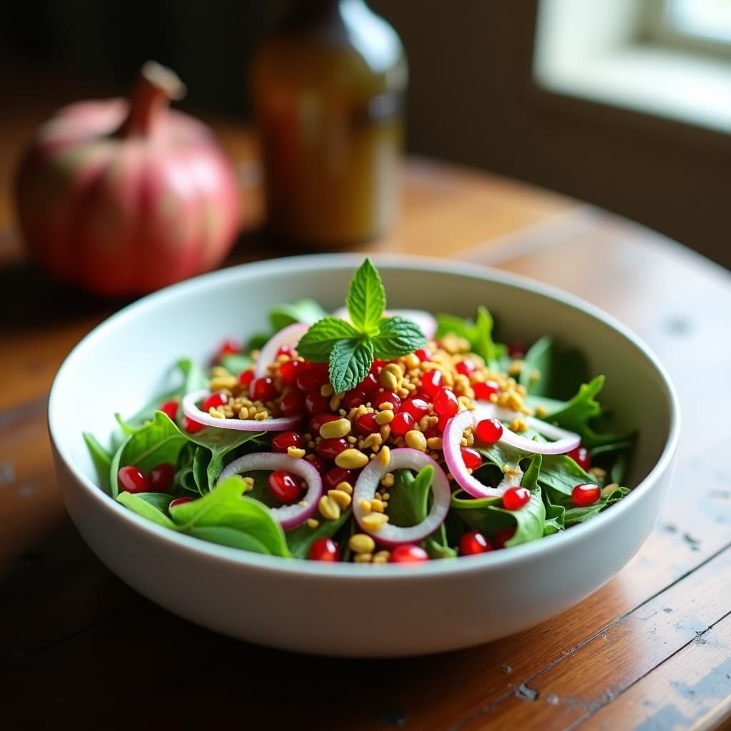 Ensalada de Rúcula y Granada con Aderezo de Miel y Mostaza: Receta Turca ligera