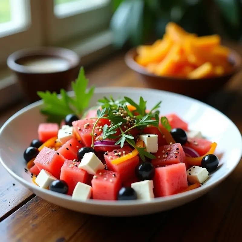 Ensalada de Watermelon, Feta y Aceitunas Negras: Receta Griega Fresca y Sin Gluten