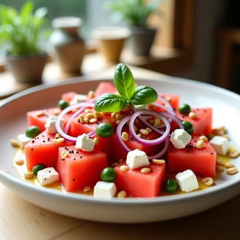 Ensalada de Watermelón, Feta y Albahaca con Vinagreta de Miel y Pimienta: Receta Refrescante
