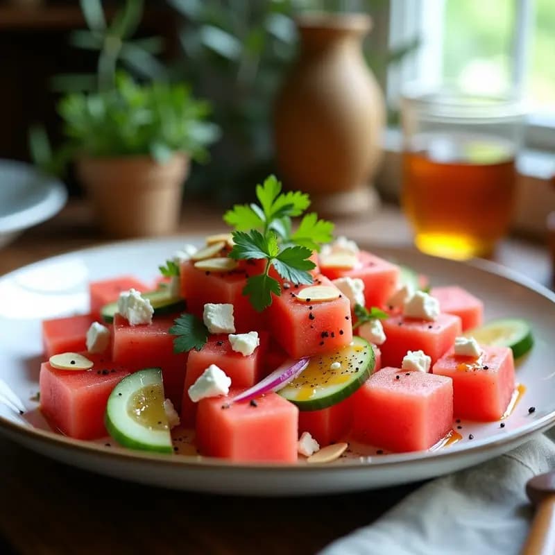Ensalada de Watermelon y Feta con Vinagreta de Honey-Sriracha: Receta Griega Picante y Dulce