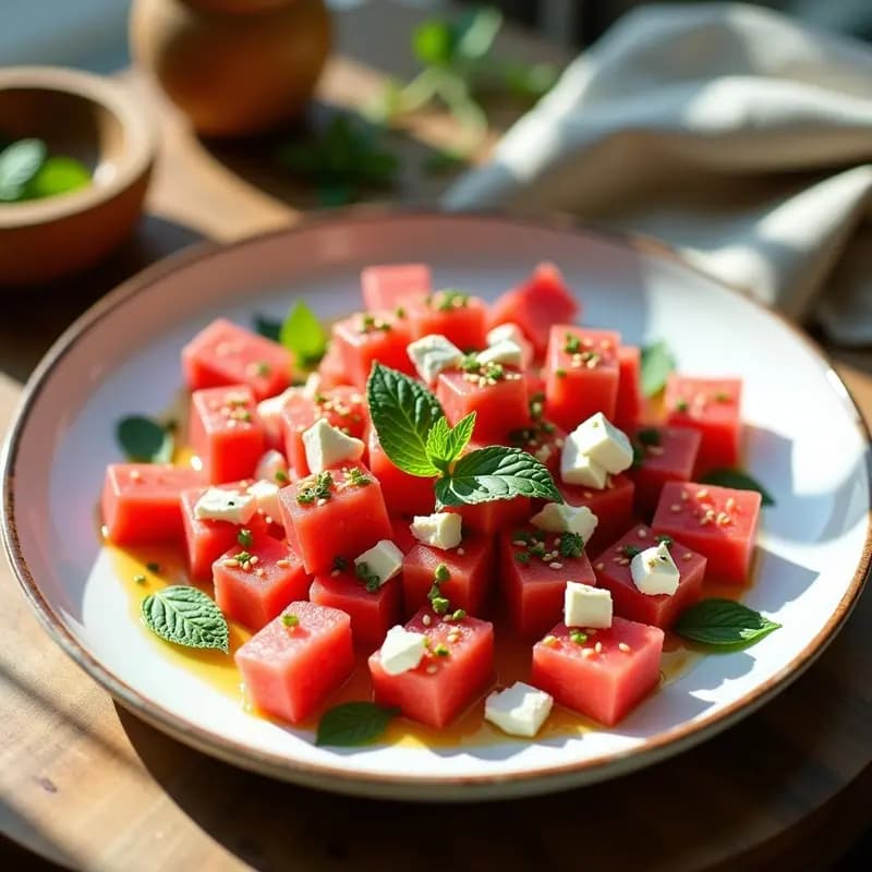 Ensalada de Watermelon y Feta con Hojas de Ment: Receta Griega Refrescante Sin Gluten