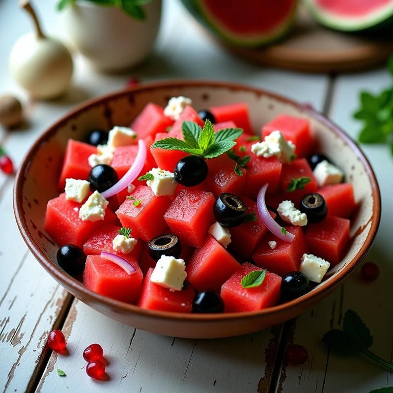 Ensalada de Watermelon Feta y Olivas Negras con Vinagreta de Granada: Receta Griega y Refrescante