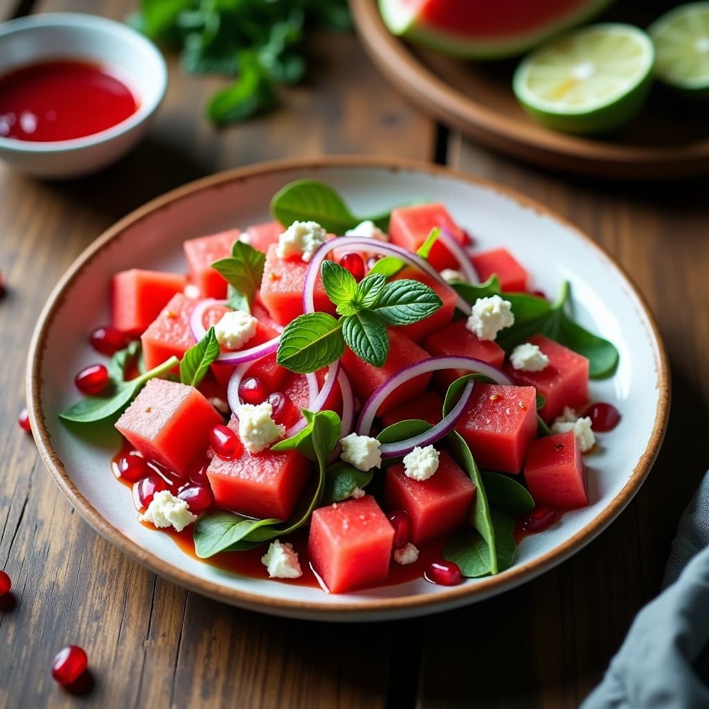Ensalada de Watermelon y Feta Vegana con Vinagreta de granada: Receta Griaga Fresca