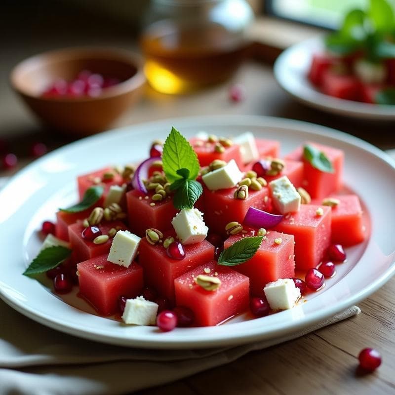 Ensalada de Watermelon y Feta con Reducción de Vinagre de Granado: Receta Griega Sin Cocinar