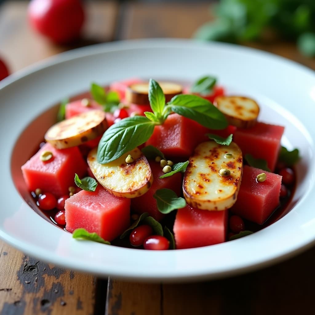 Ensalada de Watermelon, Queso Halloumi y Mentol con Reducción de Granada: Receta Libanesa para Verano