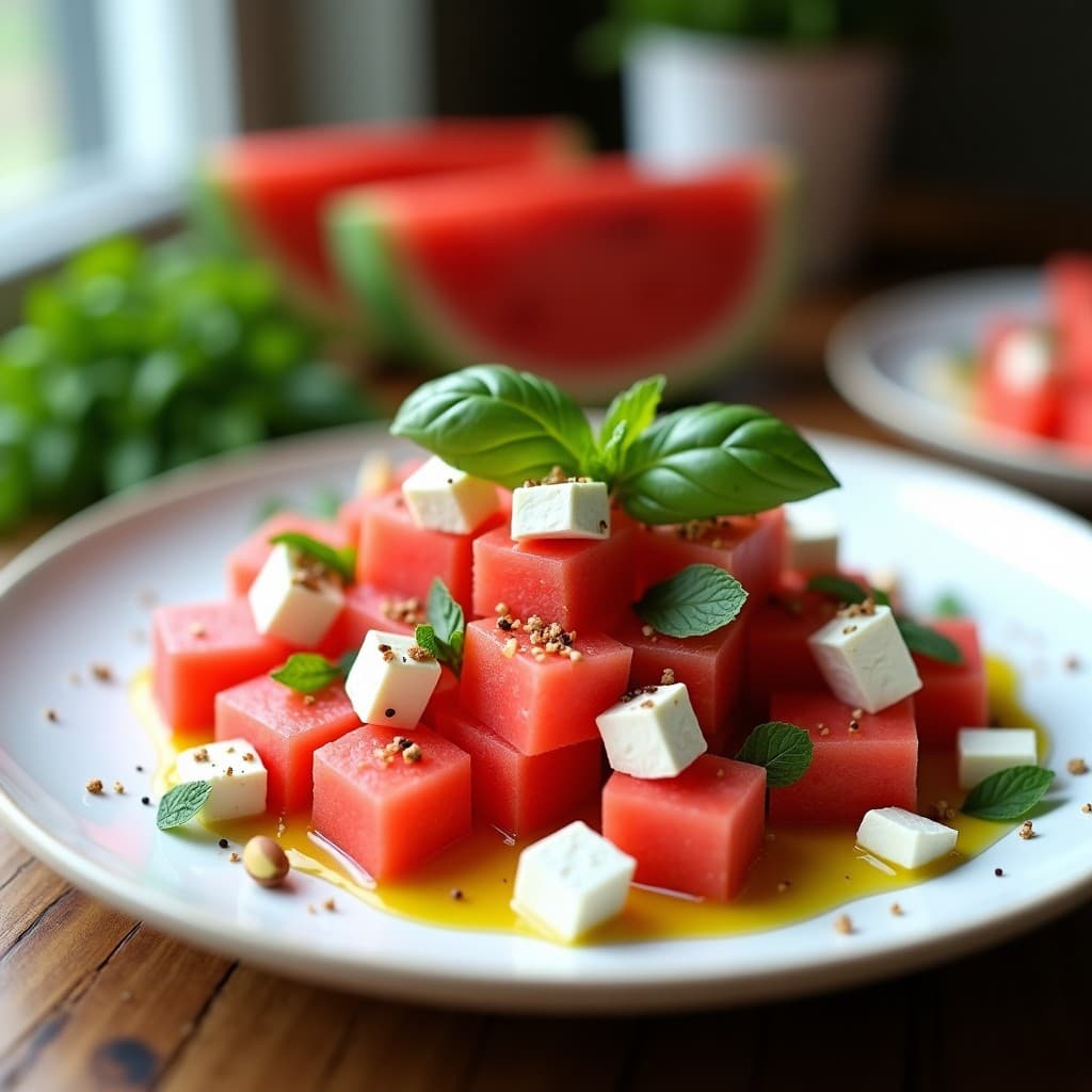 Ensalada de Sandía, Queso de Almendras y Aceite de Oliva: Receta Refrescante Sin Lactosa