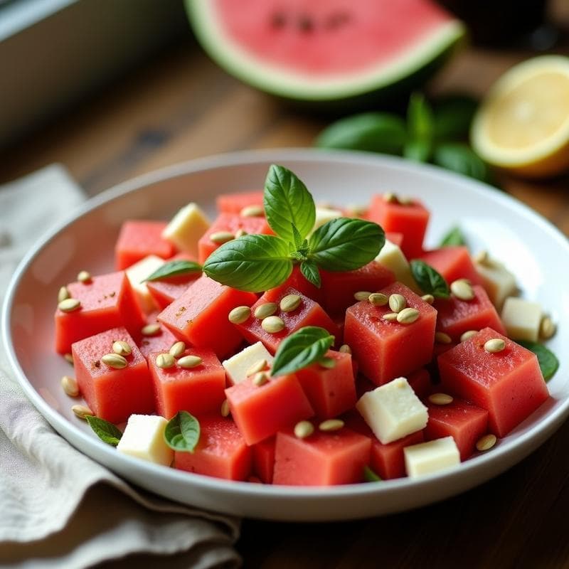 Ensalada de Watermelon y Queso de Almendras: Receta Vegana con Vinagreta de Albahaca y Limón