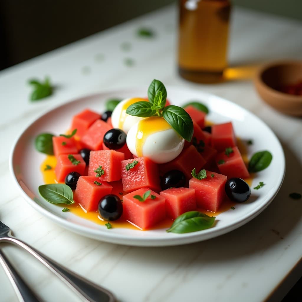 Ensalada de Watermelón y Queso de Burata con Vinagreta de Albahaca y Miel: Receta Italiana Fresca