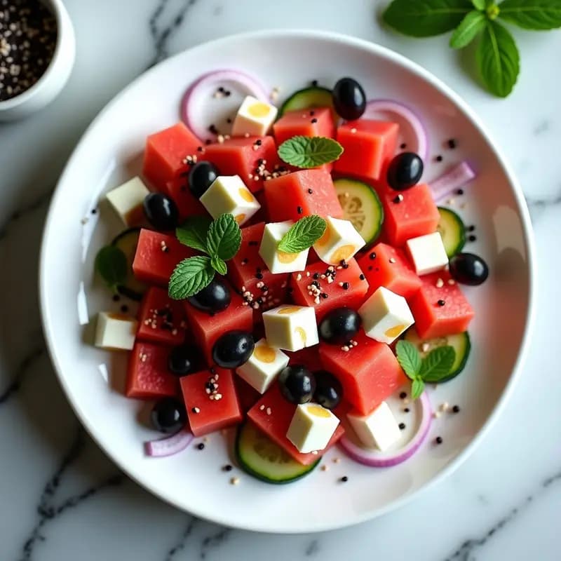 Ensalada de Sandía, Queso de Cabra y Aceitunas Negras: Receta Griega Refrescante