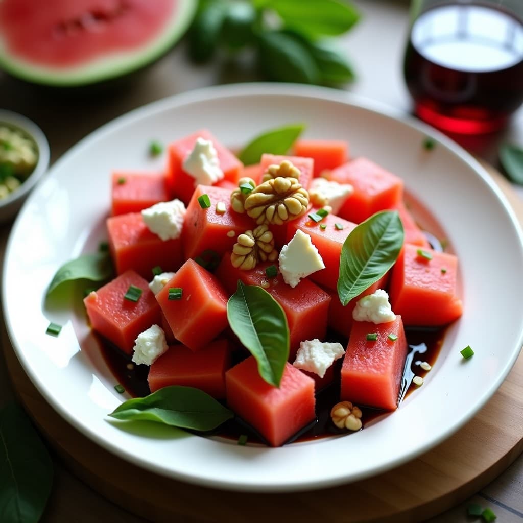 Ensalada de Sandía, Queso de Cabra y Albahaca con Vinagreta de Reducción de Vino Tinto