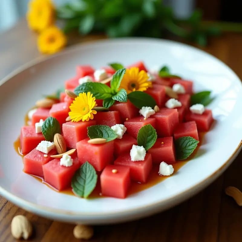 Ensalada de Watermelon, Queso de Cabra y Hojas de Menta: Frescura en cada bocado