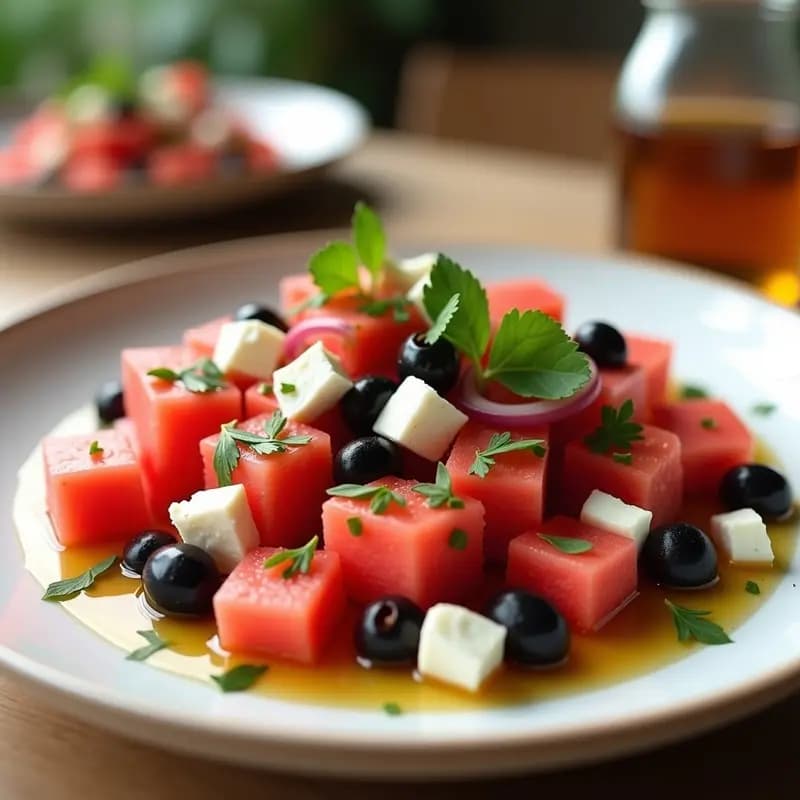 Ensalada pers de Sandía, Queso Feta y Aceitunas Negras: Entrante Griego Veraniego