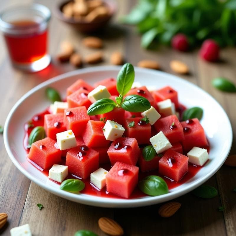 Ensalada de Watermelon, Queso Feta y Albahaca con Reducción de Vinagre de Frambuesa: Receta de Verano Gourmet