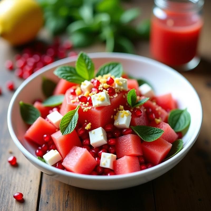 Ensalada de Sandía, Queso Feta Vegano y Mentas con Vinagreta de Granada: Receta Fresca y Sin Lactosa