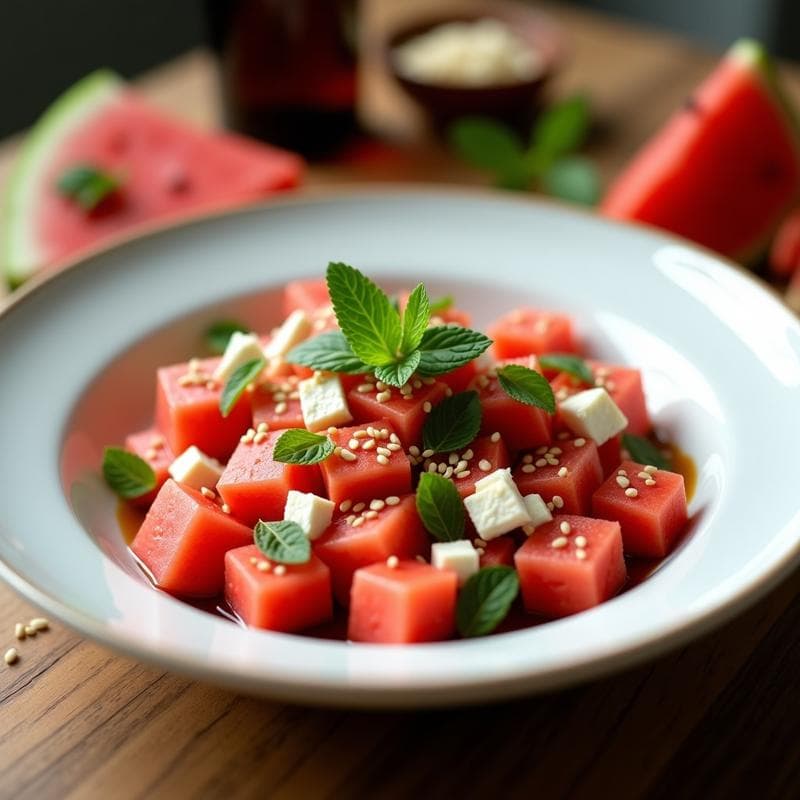 Ensalada de Sandía, Queso Feta Vegano y Mentol con Aderezo de Vinagre Balsámico: Receta Refrescante