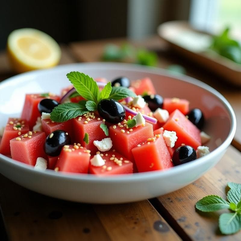 Ensalada de Watermelon, Queso Feta Vegano y Olivas Kalamata: Receta Griega Sin Lactosa