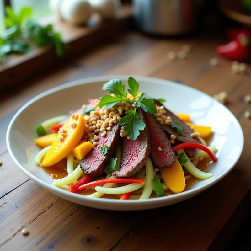 Ensalada Thai de Mango, Papaya y Picanha: Receta Exprés con Toque Exótico en 15 Minutos