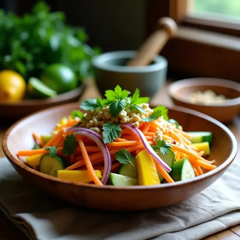 Ensalada Tailandesa de Mango Verde y Verduras: Receta Crujiente y Refrescante en 15 Minutos