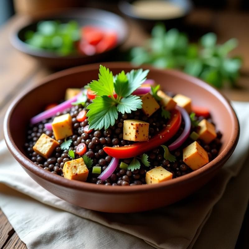 Ensalada Tibetana de Lentejas Negras: Receta con Tofu Ahumado y Especias Exóticas en 20 Minutos